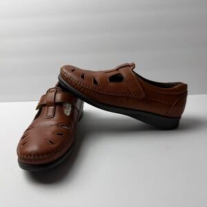 SAS Tripad Comfort Brown Leather Perforated Strap Loafers Shoes Womens 8 Granny